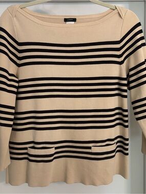 J. Crew Cream Sweater with Navy Stripes and Front Pockets Size M